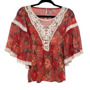 Free People Red Floral Lace Crochet Boho Blouse XS Retro Festival Ruffle 70s
